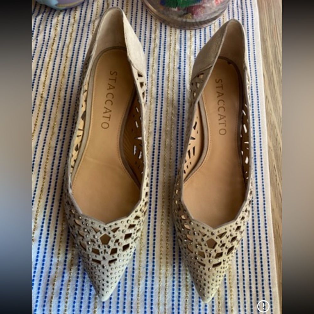 Staccato Kitten Heels Suede Sand Slip On Cutout Rhinestone Womens Sz 38 US 7.5